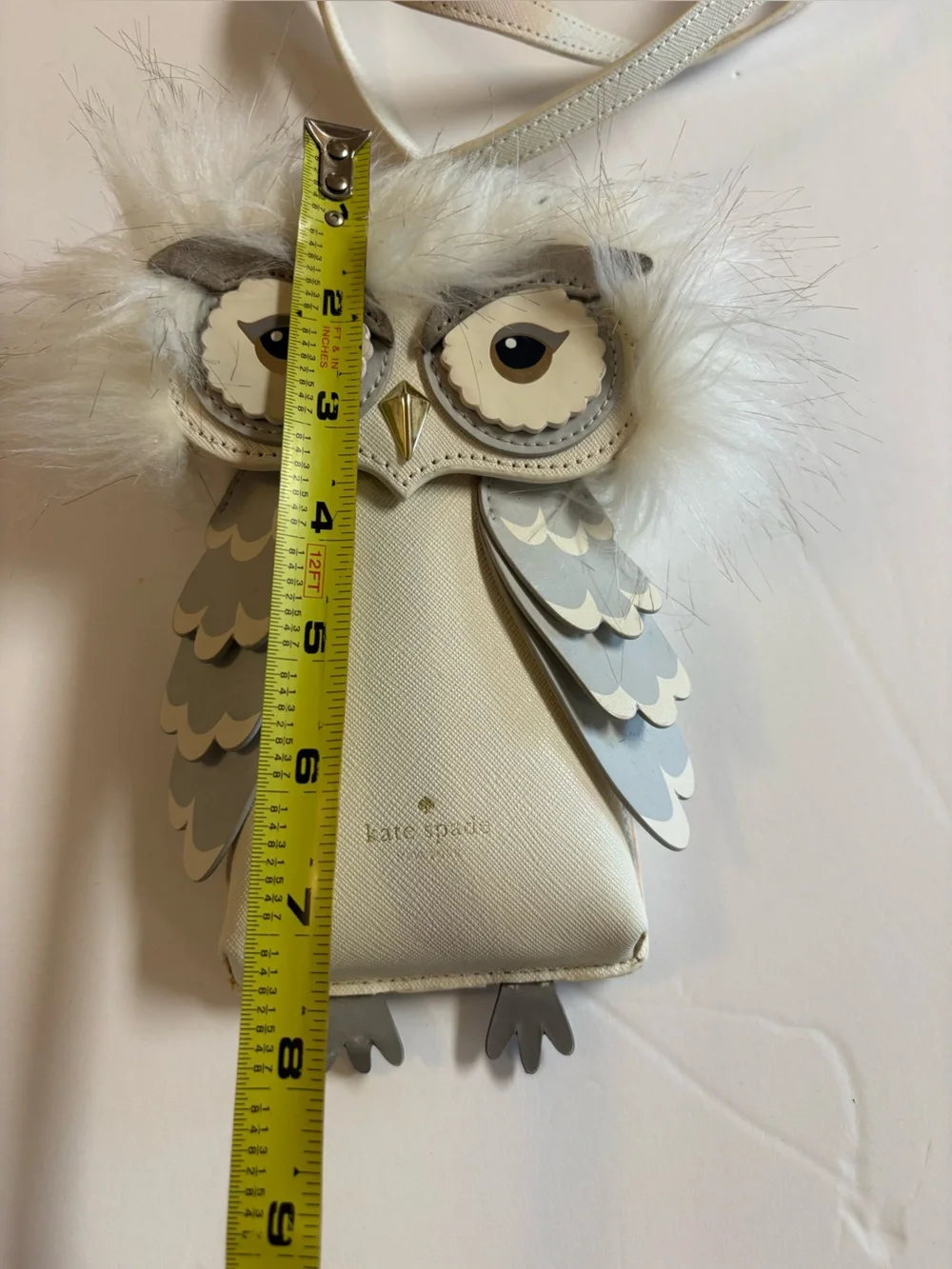 Kate Spade Cream and Gray Owl Crossbody Purse with Fur Trim